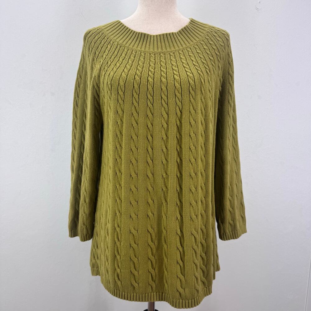 Talbots Cable Knit Fisherman Sweater Cotton Green size 1X Cottagecore Preppy
